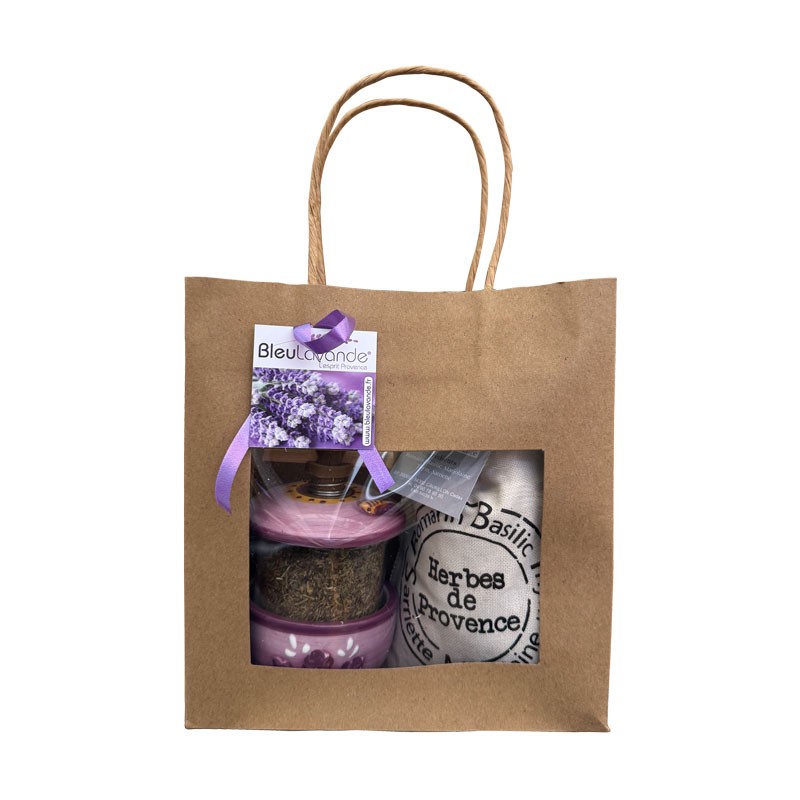 Duo Cadeau – Moulin à herbes de Provence (motif lavande) + Sac coton 100 g – Présentation kraft